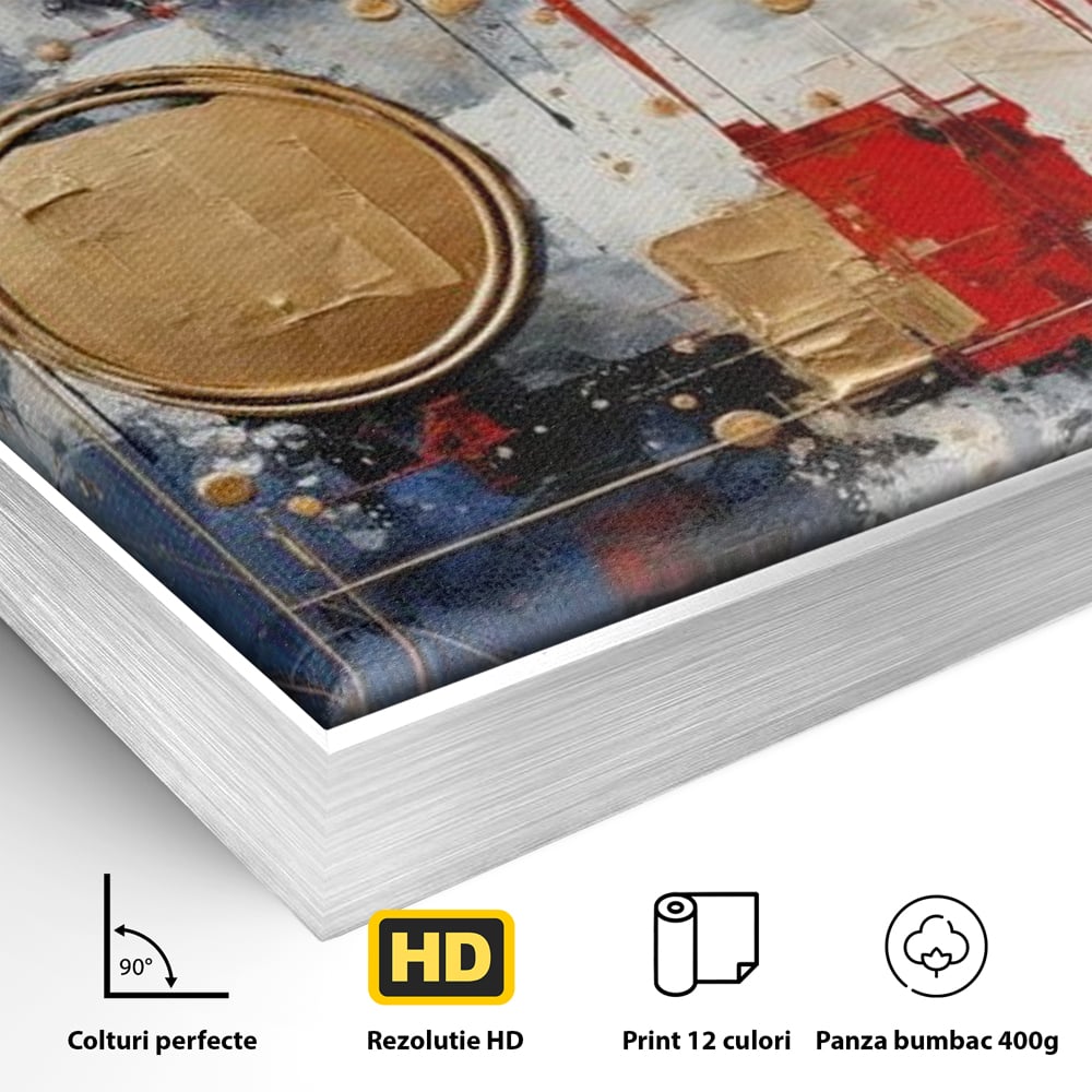Detaliu al suprafetei: tablou abstract cu cercuri aurii, in rama de aluminiu argintiu